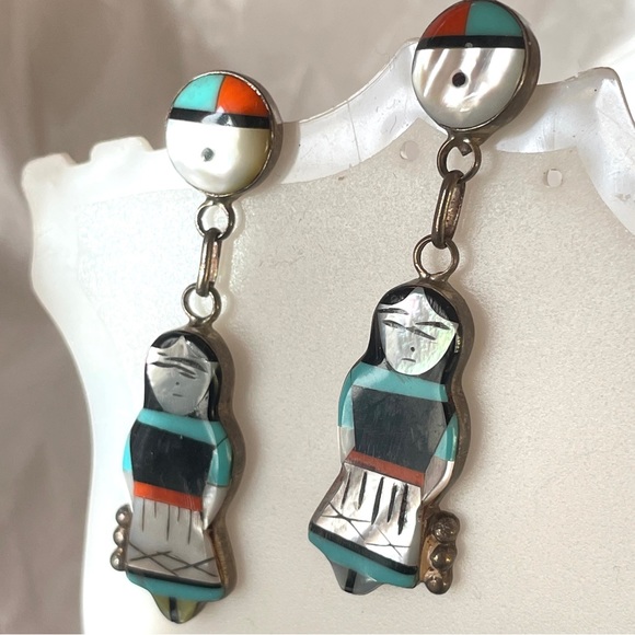 Zuni Sterling Silver Native American Girl Corn Maiden Earrings Inlaid Handmade - Picture 2 of 7